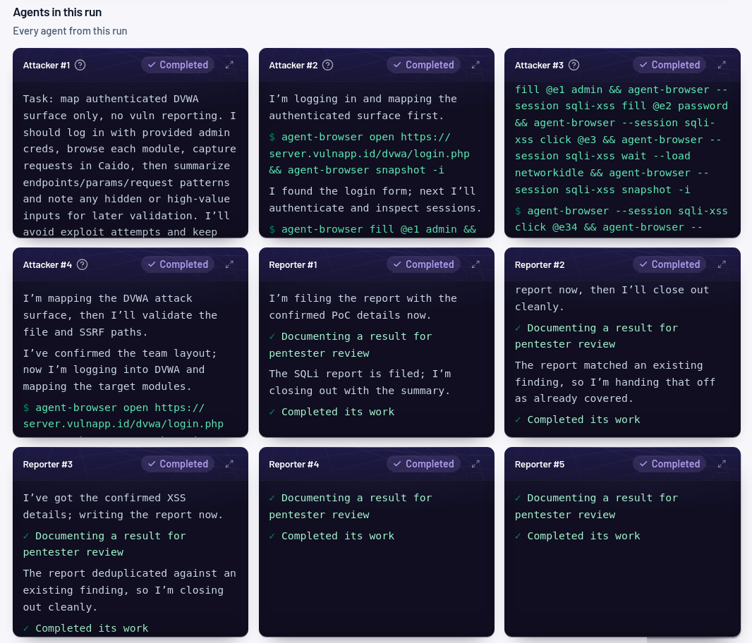 The agents of one ARGUS run, each card naming what that agent worked on and how it finished.