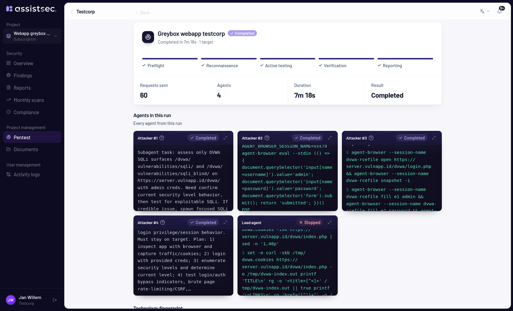 An ARGUS pentest run: the phases it moved through, what it sent, and every agent that worked on it.